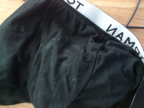 fuck8inch8:  Having a wank with some cum stained underwear from a follower   mmmm my favourite thing to do :p
