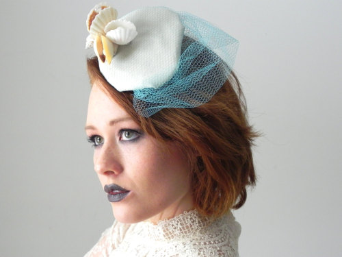 Aphrodite Nautical Muse Seashell & Gauze Fascinator Hat With Netting Veil