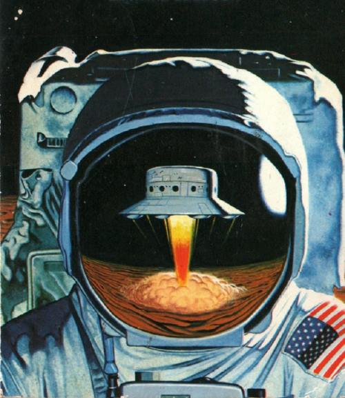 70sscifiart:    Happy Space Helmet Reflection Saturday! Here’s David O'Connor’s 1980 cover to ‘Who Goes There?’ by Edward Edelson. Again, the reflection helps put a viewer in the space shoes of the astronaut — and this time the title says exactly