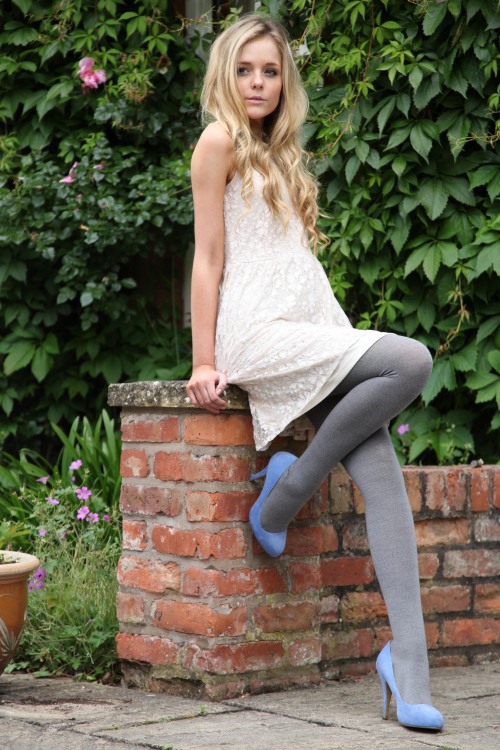 Grey wool tights with light blue heels and white lace dress