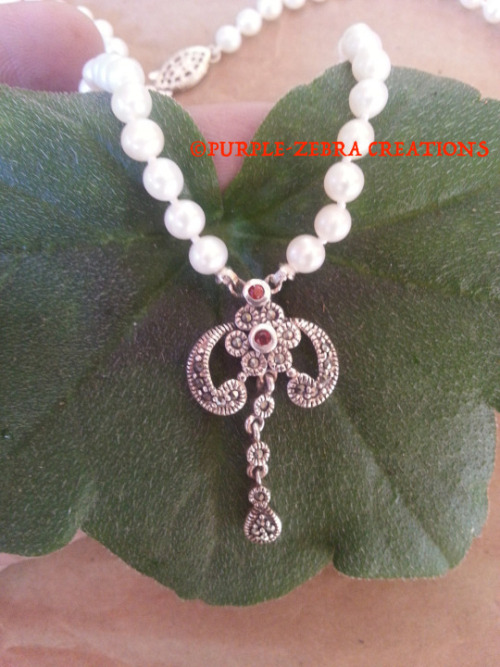 purple-zebra-creations:Petite Pearls*, Marcasite and Glowing Red Garnet Necklace