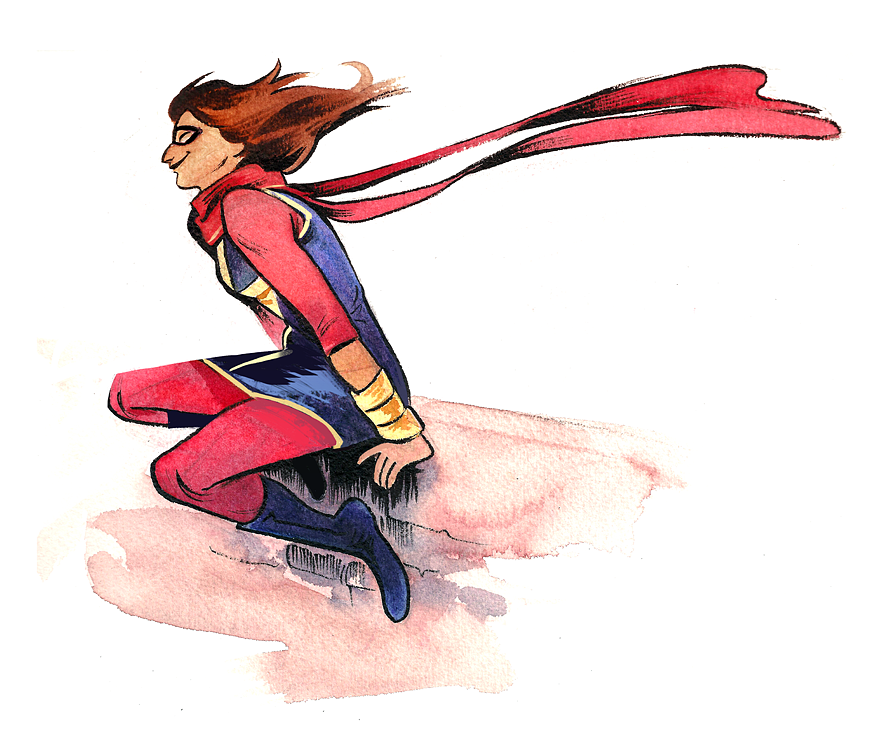 thingsfortwwings:  [Image: A watercolor-style image of Kamala Khan smiling and sitting
