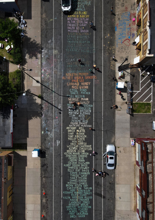 fillielitsa:  The names of those killed by racism and police brutality are written along Chicago Avenue in Minneapolis. George Floyd was killed on this street in front of Cup Foods after being accused of using a counterfeit ฤ bill. The site of his death