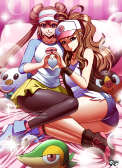 jadenkaiba:   “Wanna join us?”COMMISSION for go-10 of DeviantartHilda (Touko) and Rosa (Mei) from Pokemon Black and White series.    ENJOY :) —————————————————————————————————- Hai