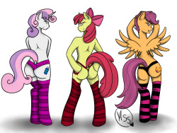 askfapplebloom2:  Well the fanart contest has come to a close.  But this year we got a fantastic piece from Manestream Studios of the girls in anthro form showing off their panties and socks again!Keep it up MSS! hope to see your art next year too!Stay