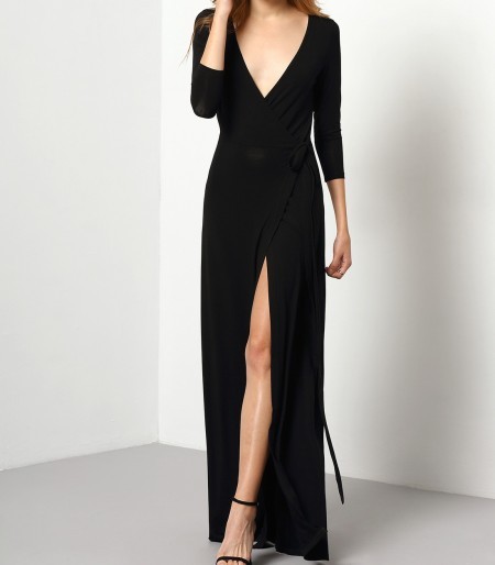 venue-style:  Black Deep V Neck Split Maxi Dress»  