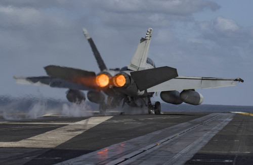 An F/A-18F Super Hornet assigned to the Fighting Swordsmen of Strike Fighter Squadron (VFA) 32 takes
