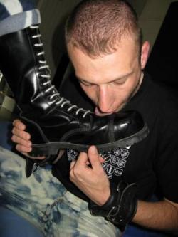 humilationdom11:  Here is a regular activity of a devoted slave: boot worship.  Extend the tongue, fag, an worship with all the gratitude you feel for the man that owns you.