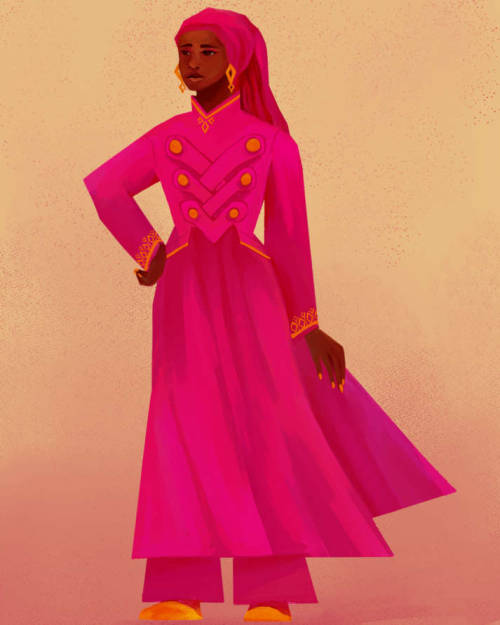 [image id: A dark skinned woman with head covering in a bright magenta dress robe and trousers under