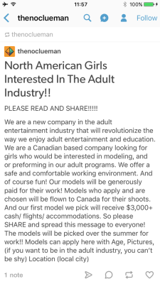 silkredpanties: LADIES IN THE ADULT INDUSTRY: PLEASE BE AWARE This account is messaging girls to “recruit” them for their new adult entertainment industry. They give no information such as their company name, contact info, employer names, etc. All
