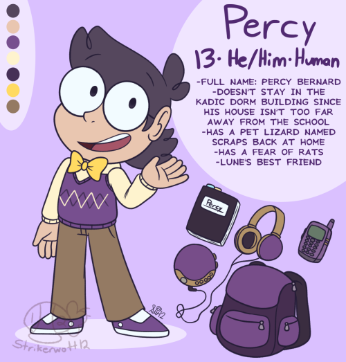 A drawing that serves as a reference for my Code Lyoko OC, Percy. Percy's a boy with peach skin and dark purple well kept and slightly curly hair. He dons glasses and wears a light yellow collared sweater; He also wears a purple sweater vest with dark purple and light yellow lines formind diamonds over it. He wears a yellow bowtie as well. He also wears tan brown khakis and purple sneakers with white soles, white circles on the sides, and white front parts (I don't know what you call the front of a sneaker). He also has a dark purple backpack with black shoulder straps and a purple cover and extra bags/pockets; The backpack also has silver zippers. He also has a purple phone (Based on a Nokia 6110) with dark grey buttons and a dark grey bottom, as well as two orangeish yellow lines on the side; His phone also has a screen and an antennae with a dark grey top. He has a purple CD player with gold buttons and a gold bottom and a little screen; There are also purple headphones with a gold headband and gold ear cushions connected to it, and the headphones are black on the inside. He also has a black notebook with a white tag that says "Percy", and his notebook also has light aqua and yellow tabs sticking out at the top. The text in this drawing reads "Percy 13-He/Him-Human -Full Name: Percy Bernard -Doesn't stay in the Kadic dorm building since his house isn't too far away from the school -Has a pet lizard named Scraps back at home -Has a fear of rats -Lune's best friend".