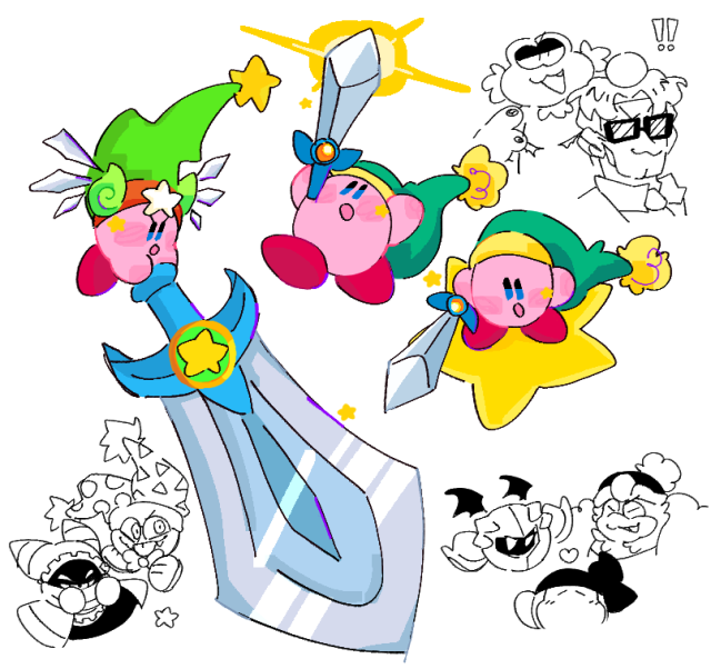 hsagjkfdhdajsdfgha just some sketches i thought i’d color(still learning clip studio so the coloring and lines look uglyy) #kirby#sword kirby#meta knight#king dedede #Bandana Waddle Dee #marx kirby#magolor#nme salesman#escargoon