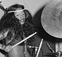 harder-than-you-think: Chaka Khan playing the drums in Rufus, 1970’s.