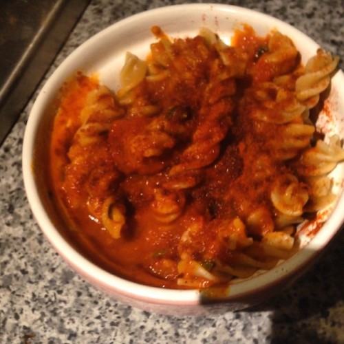 For dinner I made myself whole wheat penne pasta with a store bought tomato sauce and then added let