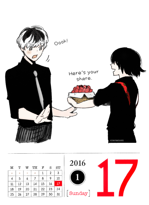 January 17, 2016Suzuya gives Haise his share of the strawberries he got from the strawberry gathering the other day. (*´▽`*)