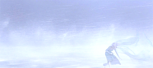 nahveen:  "Elsa runs, but is nearly blinded by the snow and wind." - Frozen Final Shooting Draft 