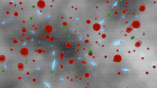 In a fuzzy gray fog, hundreds of medium-sized red spheres and small green spheres wiggle around, never moving farther than one diameter from their original position. Hundreds of glowing blue daggers of light bounce between the different spheres, changing direction when they collide with them. Suddenly, the red and green spheres combine, turning brown. The daggers no longer collide with the spheres and instead race away in every direction into open space. A single glowing blue dagger of light zooms away from the spheres and fog into an open blackness speckled with thousands of tiny stars. Credit: NASA/JPL-Caltech