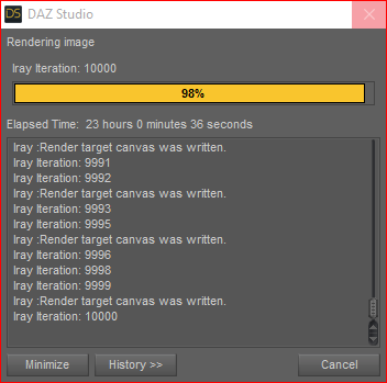 Almost done…  23 hours, 0 mins and 36 seconds and it hit the 10000 ray limit…