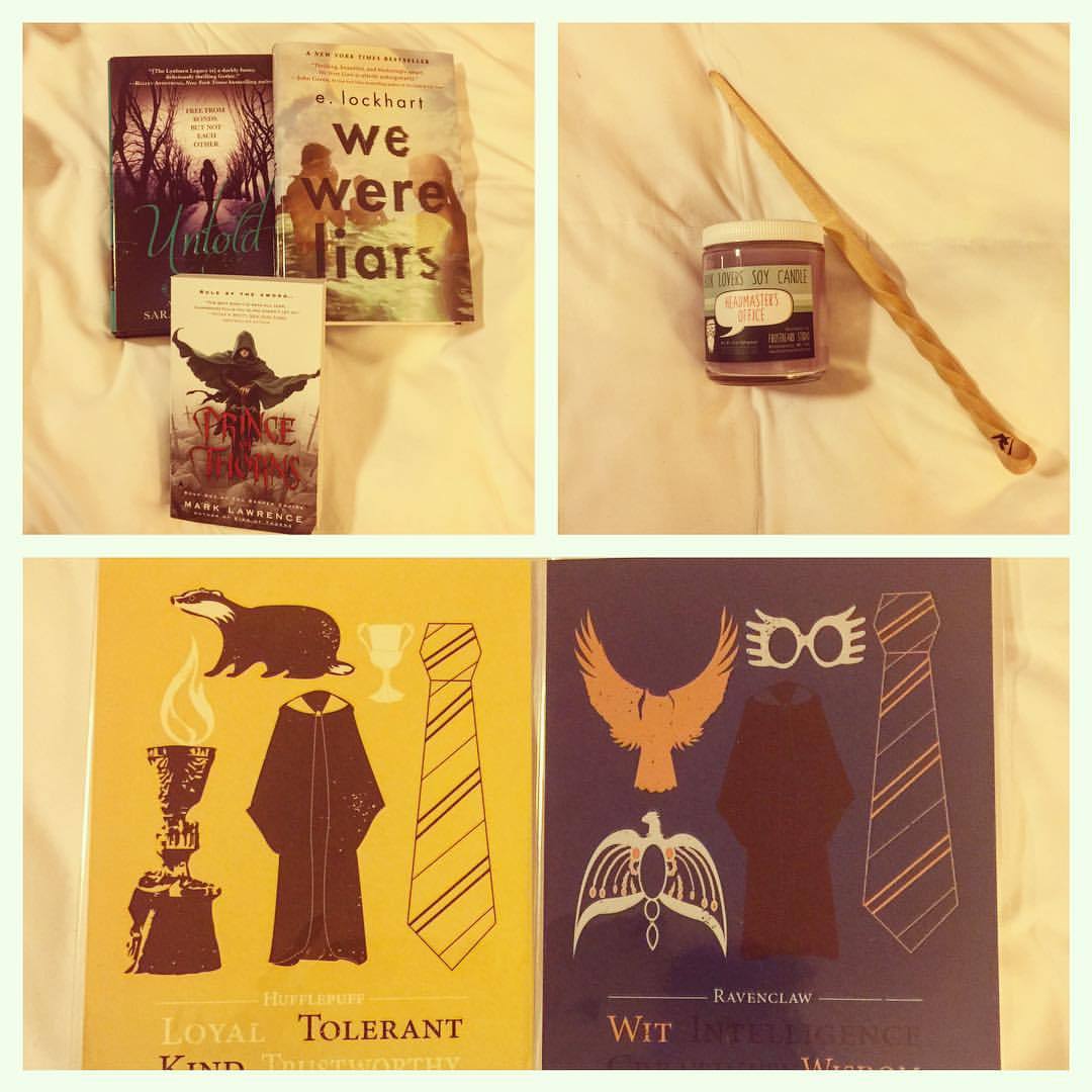 Guys, my #OTSPSecretSister is kind of killing it right now. First she arranges for my acceptance into #Hogwarts. Then she sends me this wonderful #birthday box of goodies, complete with #ravenpuff prints (LOVE!), three AWESOME books (soooo sorry...