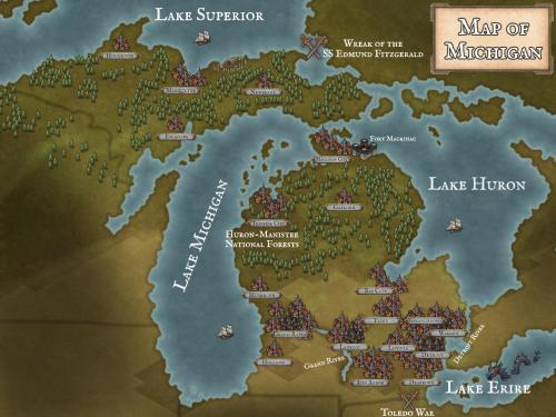 mapsontheweb:  Fantasy style map of Michigan.