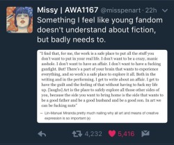 kinghugin: decepticonsensual:  cleo4u2:  THIS. I saw a post the other day that literally said if you do it to a fictional character, you’ll do it in real life. No. Just NO. I’m so glad someone put it into words.  Lin-Manuel Miranda is a legend, and