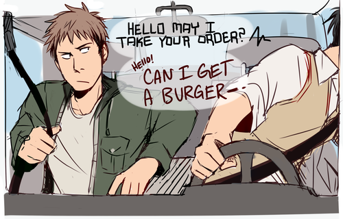 syderp:  marcoblunt:  i think jean and marco are the type of people to go in the drive-thru and marco asks jean what he wants and jean’s like “a burger, no onions or pickles” and marco leans in to tell the speaker the order but jean leans over marco