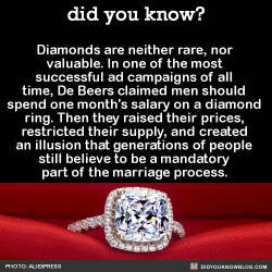 did-you-kno:  Diamonds are neither rare, nor valuable. In one of the most successful ad campaigns of all time, De Beers claimed men should spend one month’s salary on a diamond ring. Then they raised their prices, restricted their supply, and created