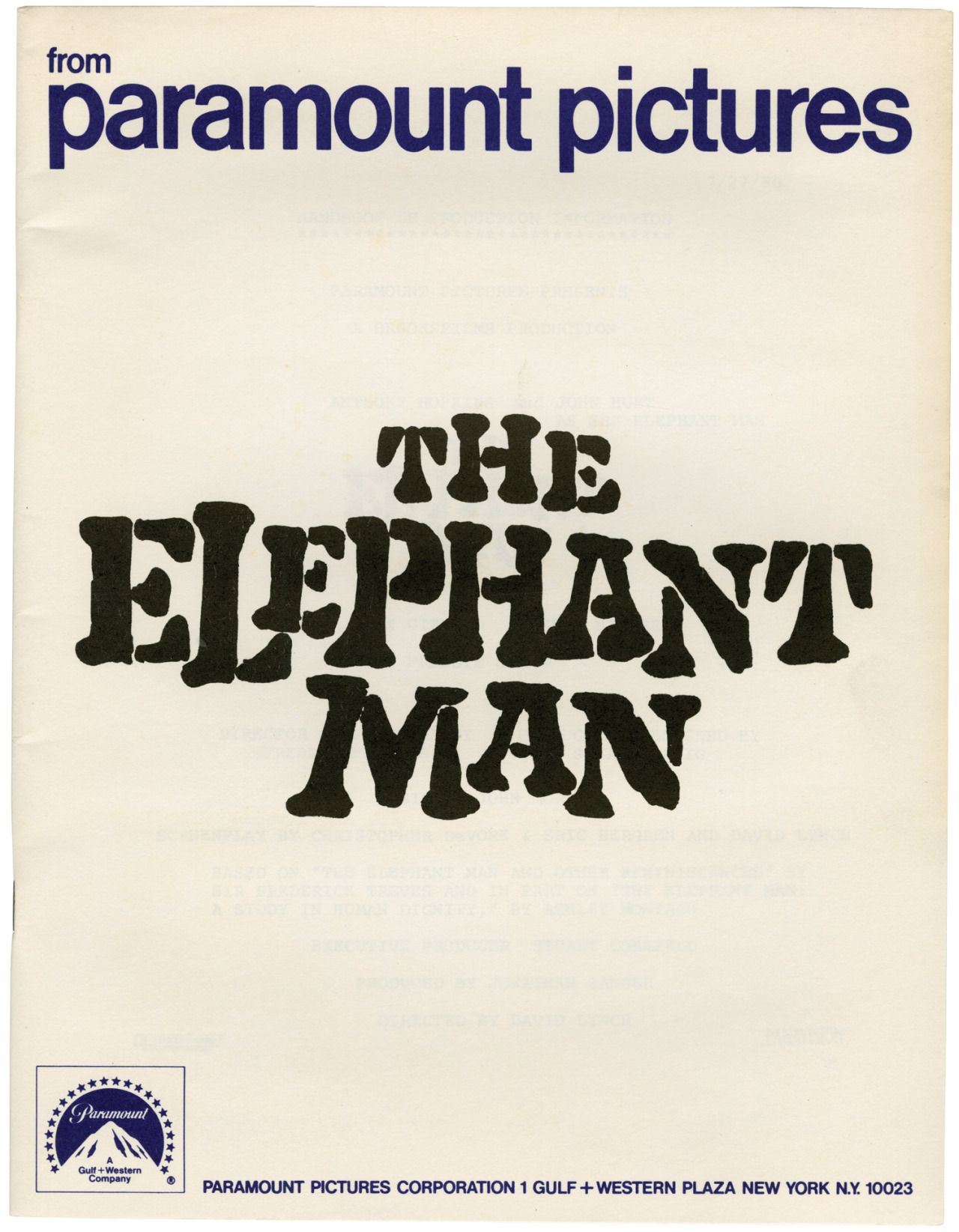 royalbks:  The Elephant Man | David Lynch | 1980 Vintage press kit for the 1980 film.