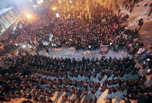 A Nine Inch Nails poster promoting the Kiev show in June just happens to be in the middle of protest