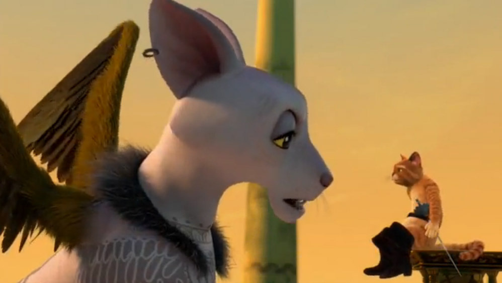 This sphinx.  Her voice is just the best xD From The Adventures of Puss in Boots