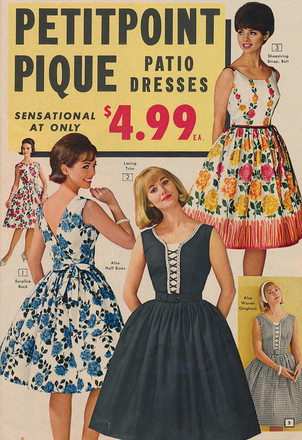 authority-figure:  thepieshops:  Petitpoint Pique Patio Dresses .99 Page 5 of the 1963 Summer National Bellas Hess catalog.  Fit and flair  eShakti makes  beautiful retro-ish dresses like this, and best of all, they can be customized to your exact