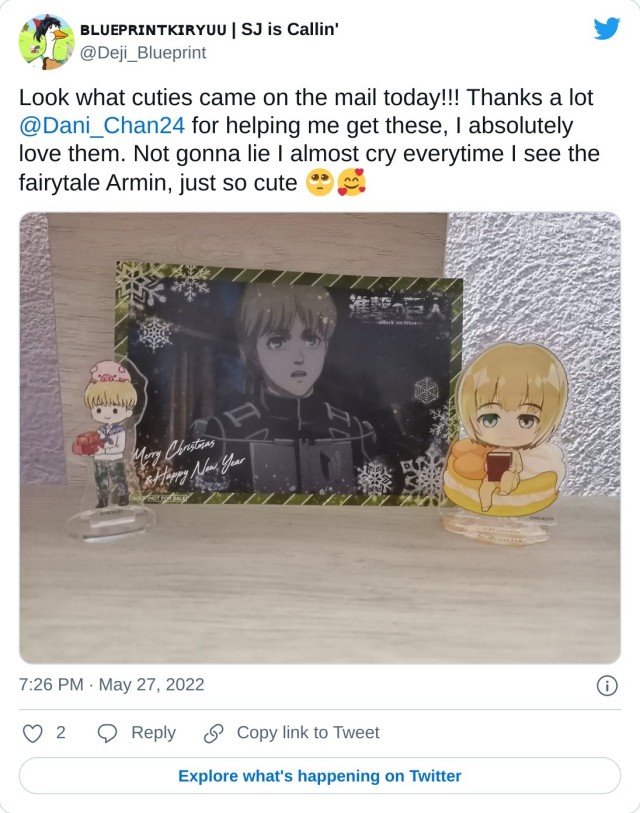 Look what cuties came on the mail today!!! Thanks a lot @Dani_Chan24 for helping me get these, I absolutely love them. Not gonna lie I almost cry everytime I see the fairytale Armin, just so cute pic.twitter.com/AGLaRg2lKq — ʙʟᴜᴇᴘʀɪɴᴛᴋɪʀʏᴜᴜ | SJ is Callin' (@Deji_Blueprint) May 27, 2022
