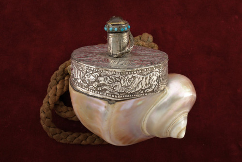 Fine shell gunpowder flask with silver and turquoiuse studded lid, India, 19th century.from Czerny&r