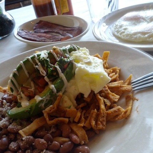 Chilaquiles! These Are Pretty #yummy With #eggwhites #beans #avocado And More #eggs & #bacon On The Side