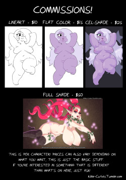 killer-cuties:  Hey all! I’m gonna be opening commissions, as being an adult is expensive. I’m going to be opening 5 at a time, just so I don’t lose track or overwhelm myself. Once those 5 are finished, I may open commissions again so if you miss