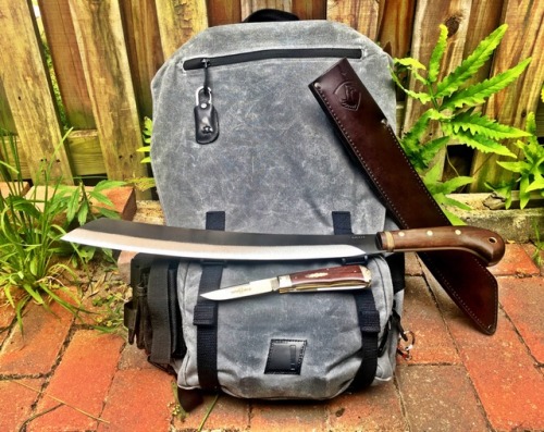 Blackhawk Diversion Waxed Canvas Rucksack; Condor Duku Parang; Cold Steel Walkabout Stick; Great Eas