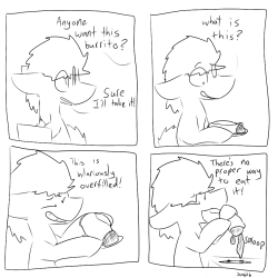 dogstomp:When I’m a dad, I look forward to preparing subtly impossible foods for my kids. Superstuffed burritos ftw~ &lt;3