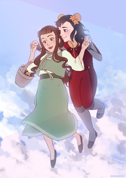 sleepysenshi:inspired by the howl/sophie flying/sky walking scene!! tuyikki is honestly the best rare pair!! incase u don’t remember tuyen she’s the earth kingdom flower seller in book 4 :’)