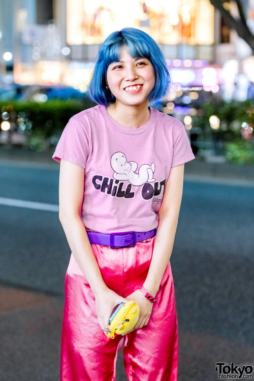 Ayumi on the street in Harajuku wearing a Casper The Ghost t-shirt from One W Oh (the shop where she