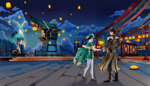 Venti and Zhongli enjoying the lantern festival ✨