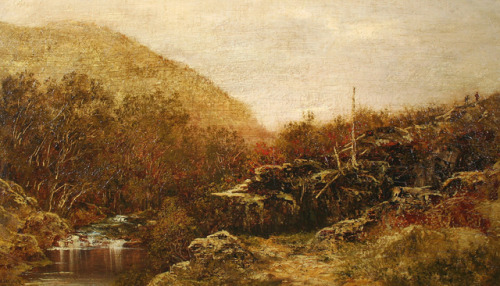 Ralph Albert BlakelockFall Landscape, Catskills, with HikersOil on canvas