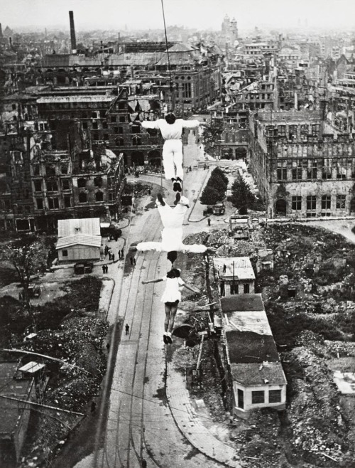 High-wire circus artists at Heumarkt, Cologne, after the World War II in 1946