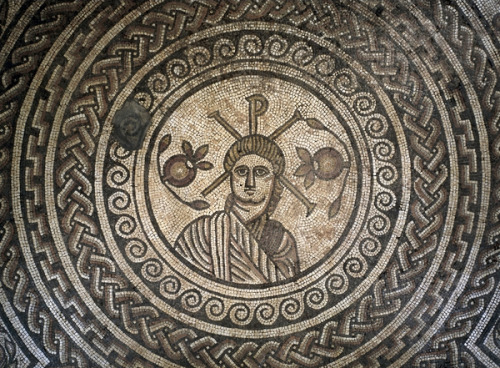 The Hinton St. Mary Mosaic, 4th century AD, found in Dorset, England. Figure of Christ (probably, un