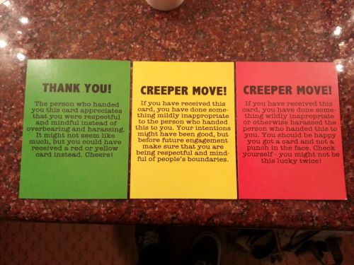 “The Creeper Move cards are red and yellow cardboard cards which are designed to be handed to 