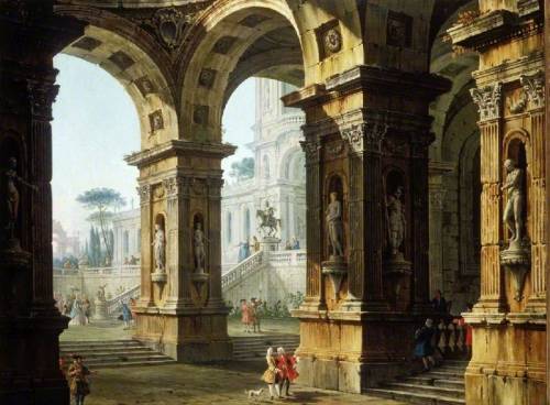 Capriccio: Elegant Figures outside and within a Classical Palace by Antonio Joli oil on canvasThe Fi