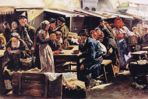 Vladimir Makovsky, Dinner-Farmer&rsquo;s Market in Moscow (1875).