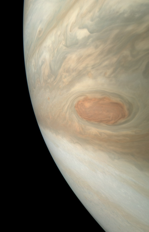 A swirling storm somersaults through Jupiter’s South Equatorial Belt in this new natural color view.