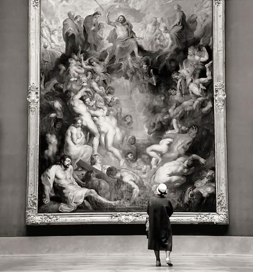 Rijksmuseum, Amsterdam, 1960’s. Photo by Fritz HenleA visitor in front of The Last Judgement, 1617 p