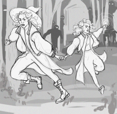 dancynrew:Abra-ca-fuck you![image description: a line drawing of Taako and Lup, holding hands as the