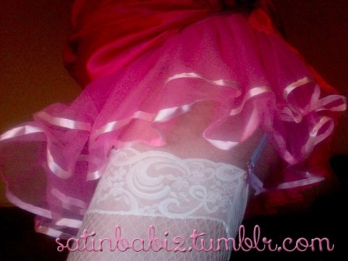 satinbabi2:Showing off my girly cock in pink satin and frilly tutu slip.